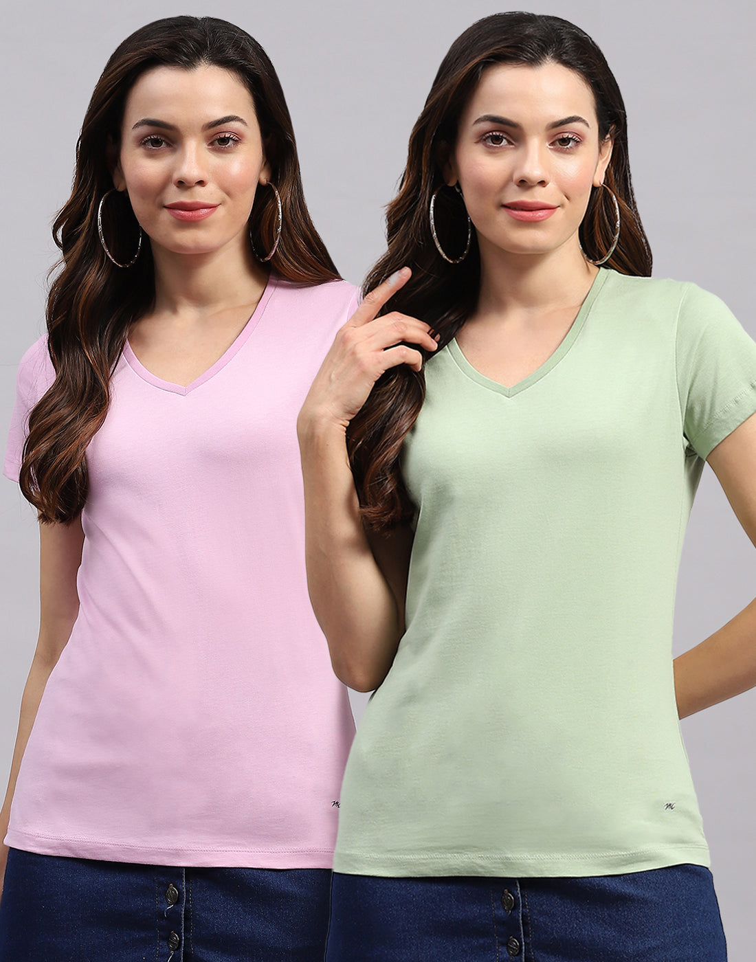 Women Green & Pink Solid V Neck Half Sleeve Top (Pack of 2)