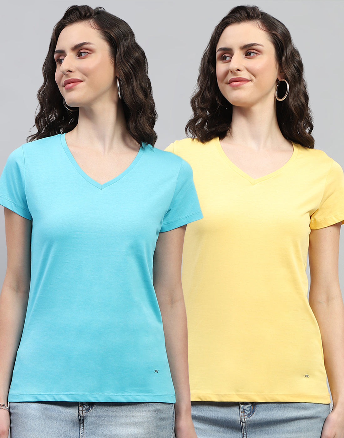 Women Yellow & Turquoise Blue Solid V Neck Half Sleeve Top (Pack of 2)