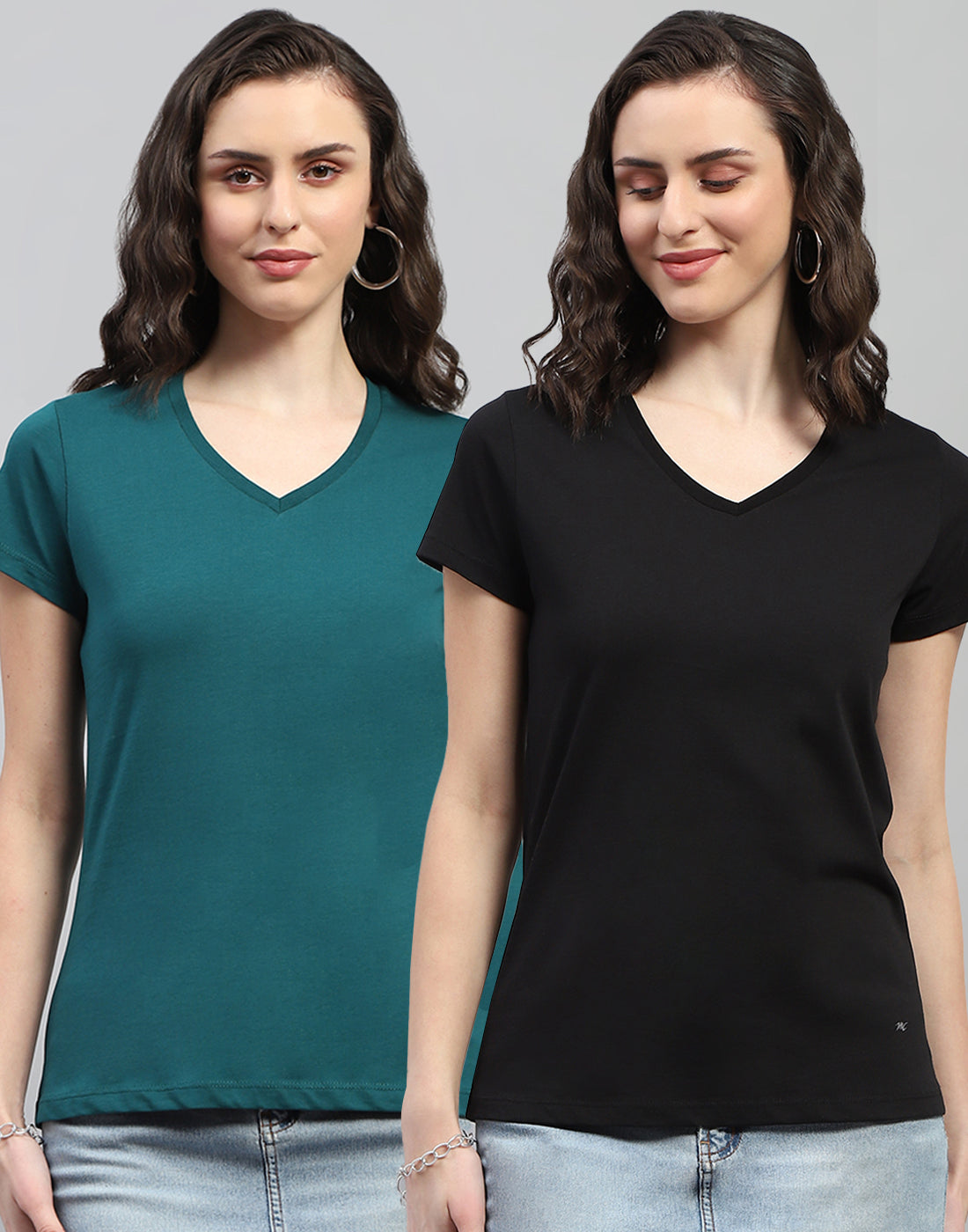 Women Teal Blue & Black Solid V Neck Half Sleeve Top (Pack of 2)