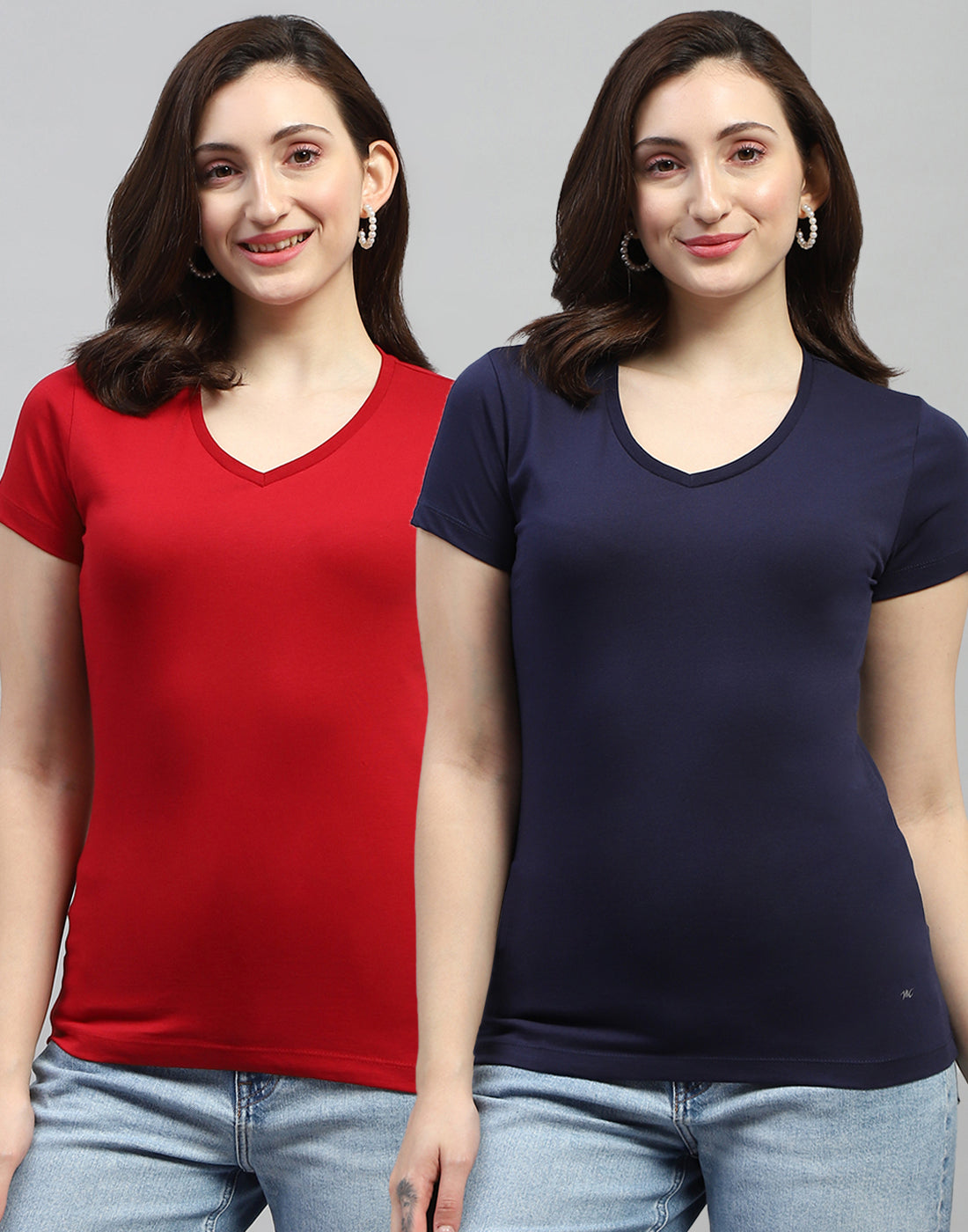 Women Bluish Purple & Red Solid V Neck Half Sleeve Top (Pack of 2)