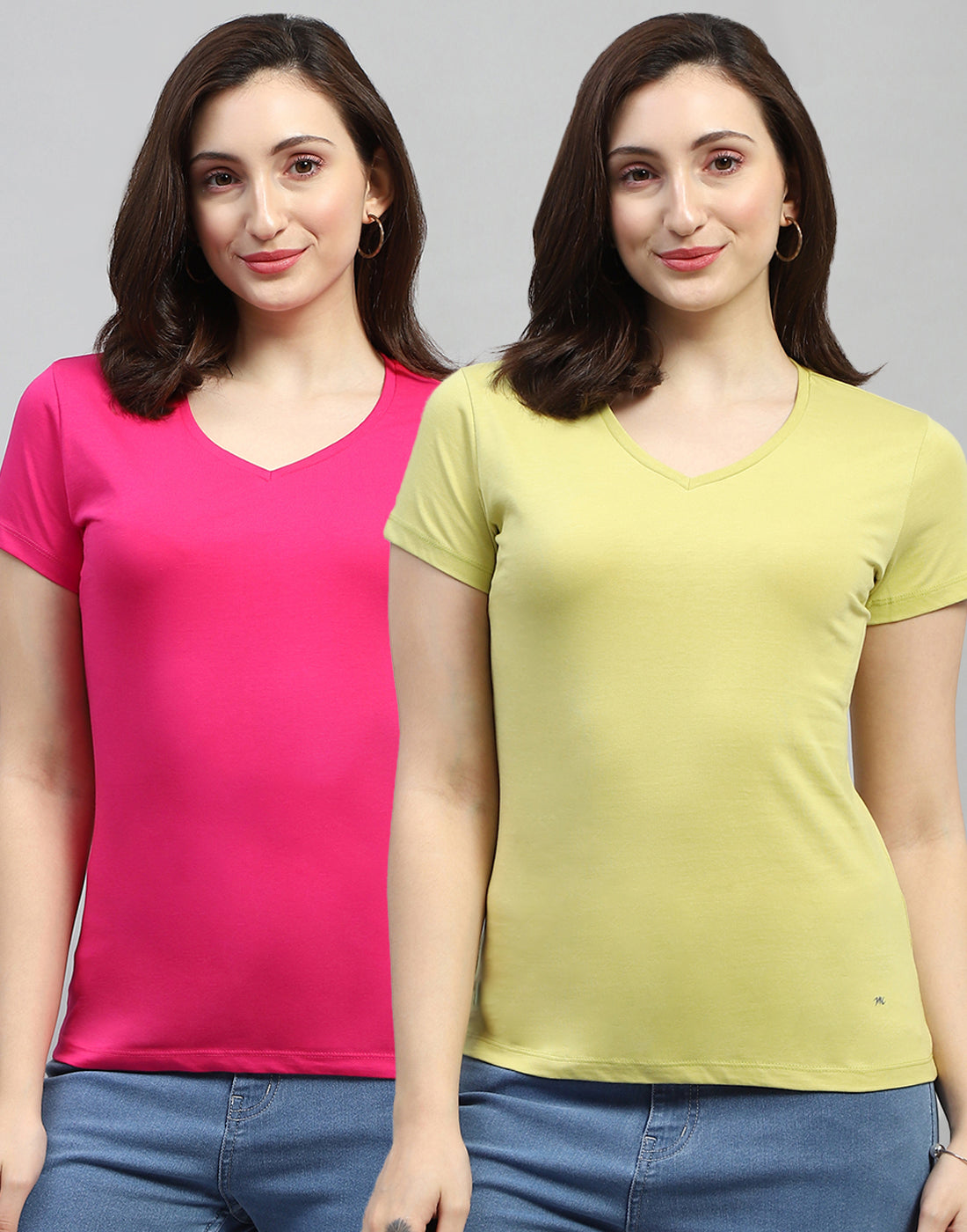 Women Yellow & Pink Solid V Neck Half Sleeve Top (Pack of 2)