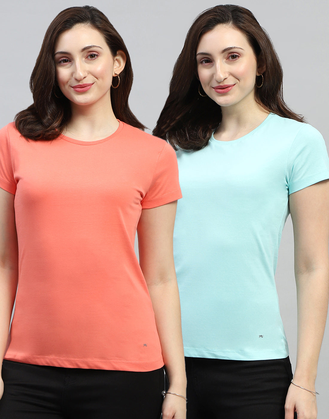 Women Aqua Blue Solid Round Neck Half Sleeve Top (Pack of 2)