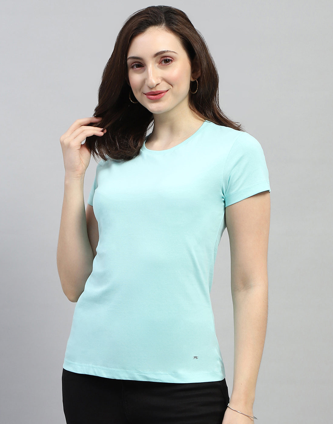 Women Aqua Blue Solid Round Neck Half Sleeve Top (Pack of 2)