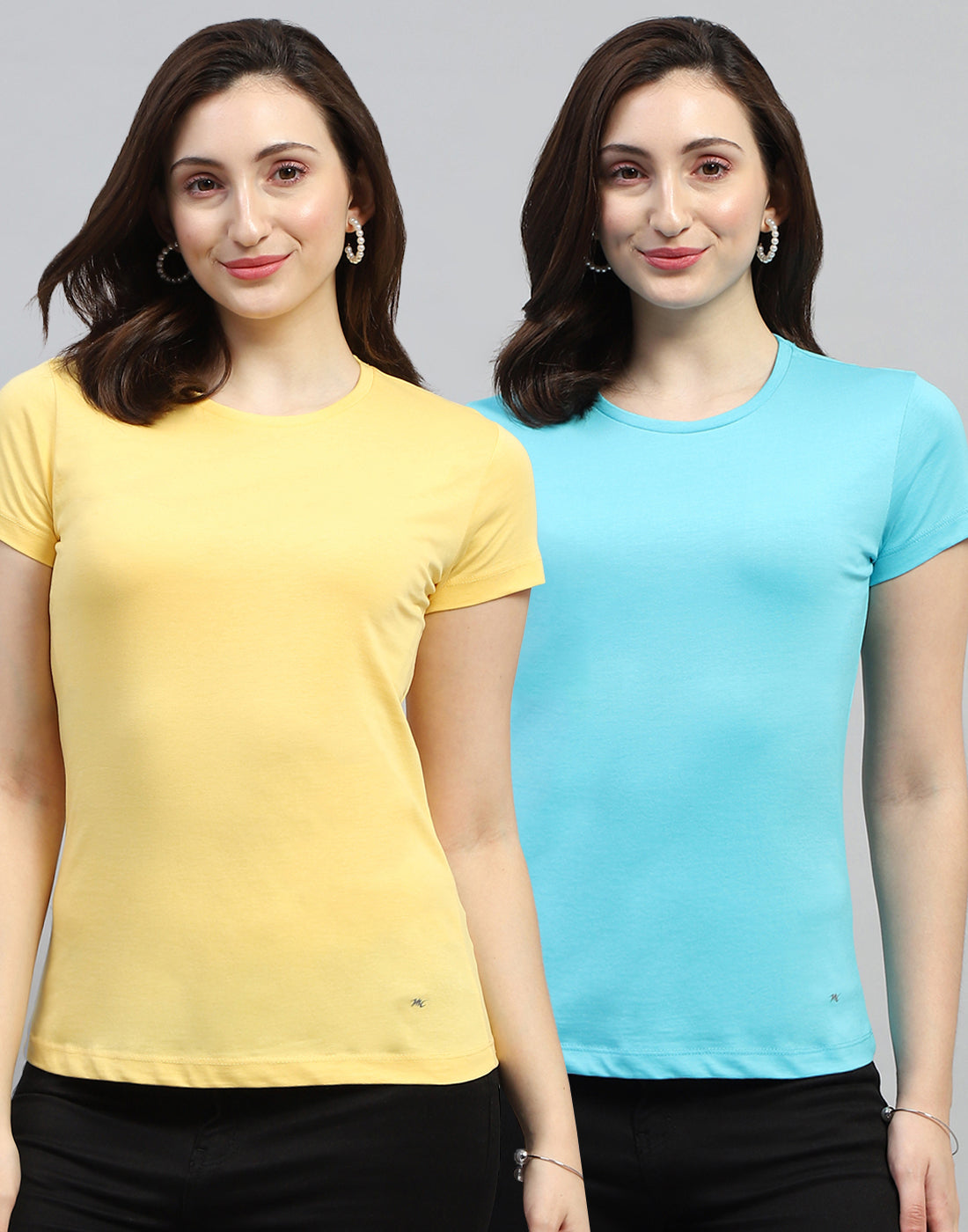 Women Yellow & Turquoise Blue Solid Round Neck Half Sleeve Top (Pack of 2)