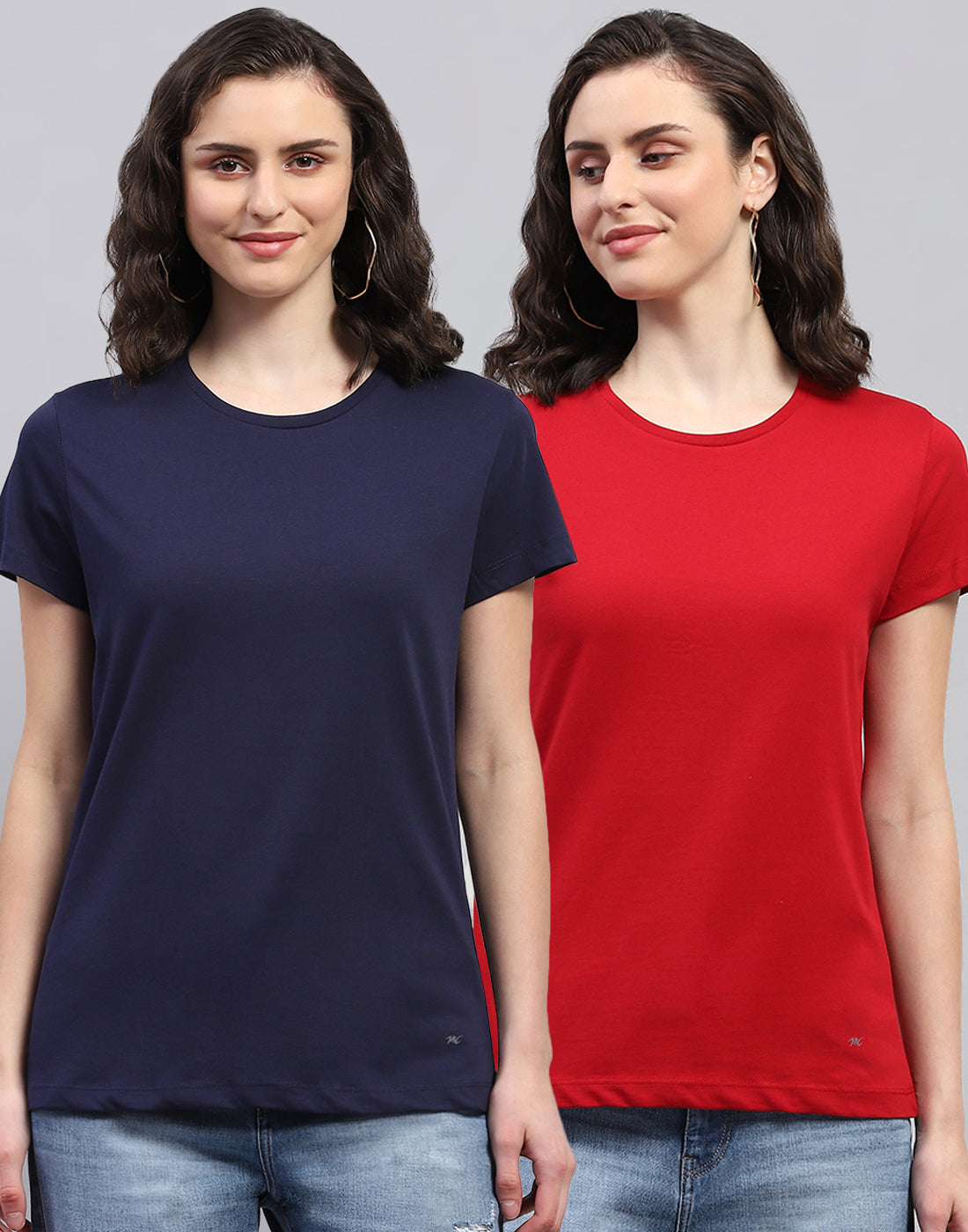 Women Navy Blue & Red Solid Round Neck Half Sleeve Top (Pack of 2)