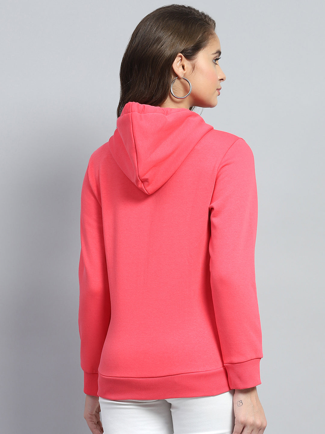 Women Coral Solid Hooded Full Sleeve Sweatshirt