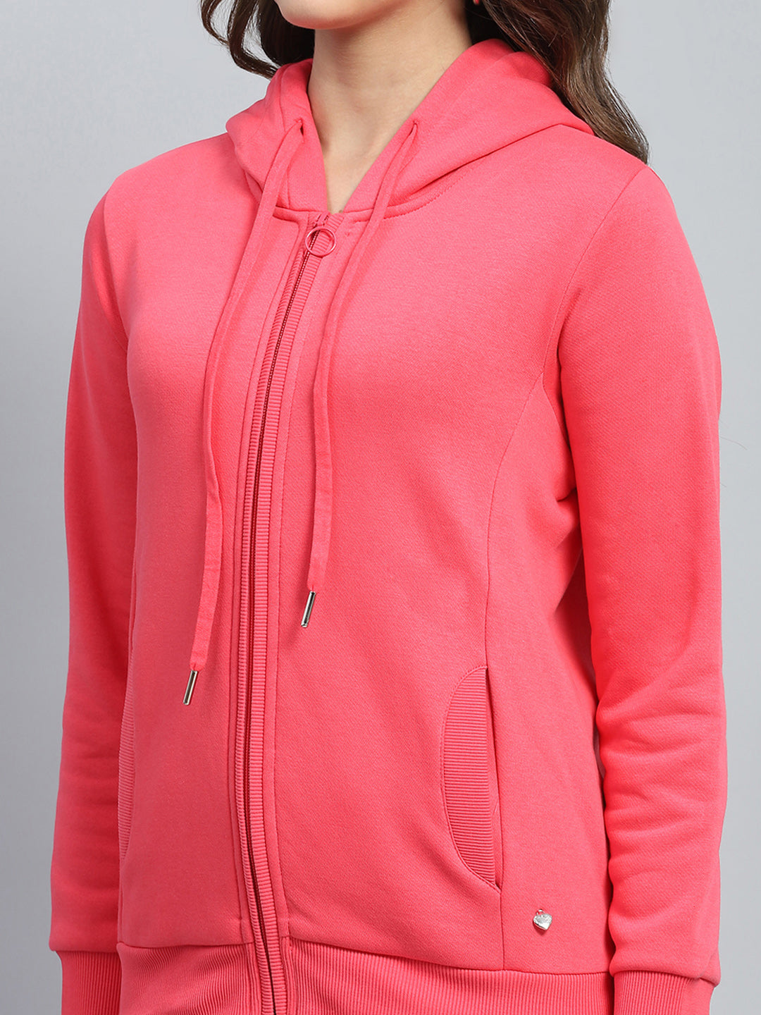 Women Coral Solid Hooded Full Sleeve Sweatshirt