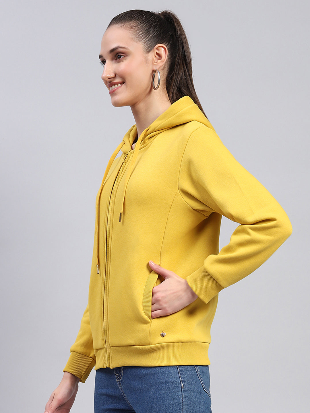 Women Yellow Solid Hooded Full Sleeve Sweatshirt