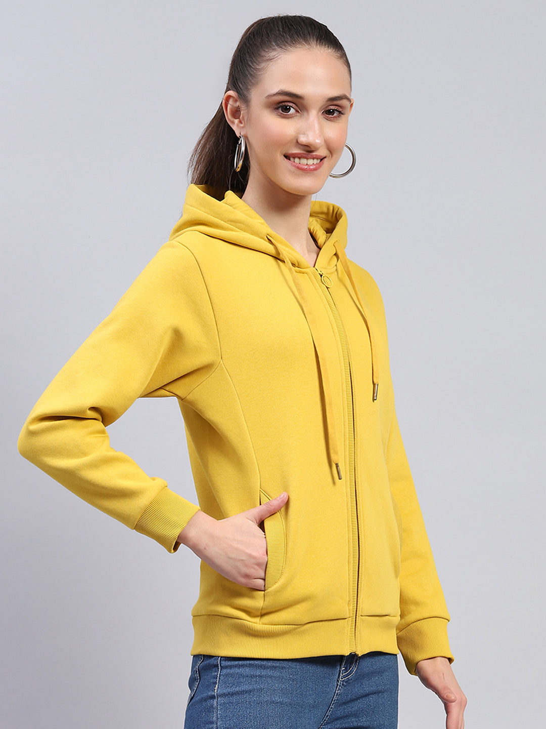 Women Yellow Solid Hooded Full Sleeve Sweatshirt