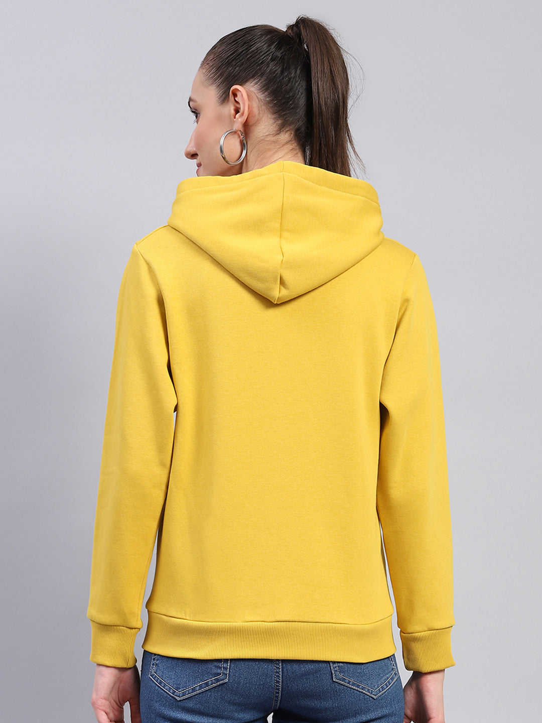 Women Yellow Solid Hooded Full Sleeve Sweatshirt