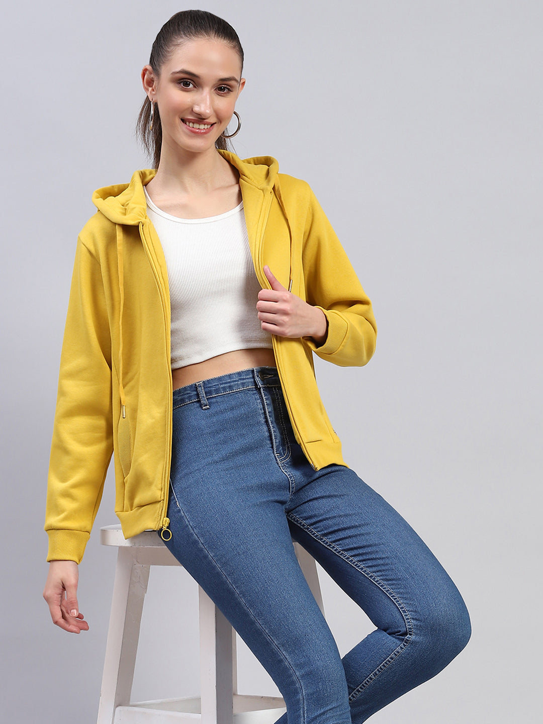 Women Yellow Solid Hooded Full Sleeve Sweatshirt