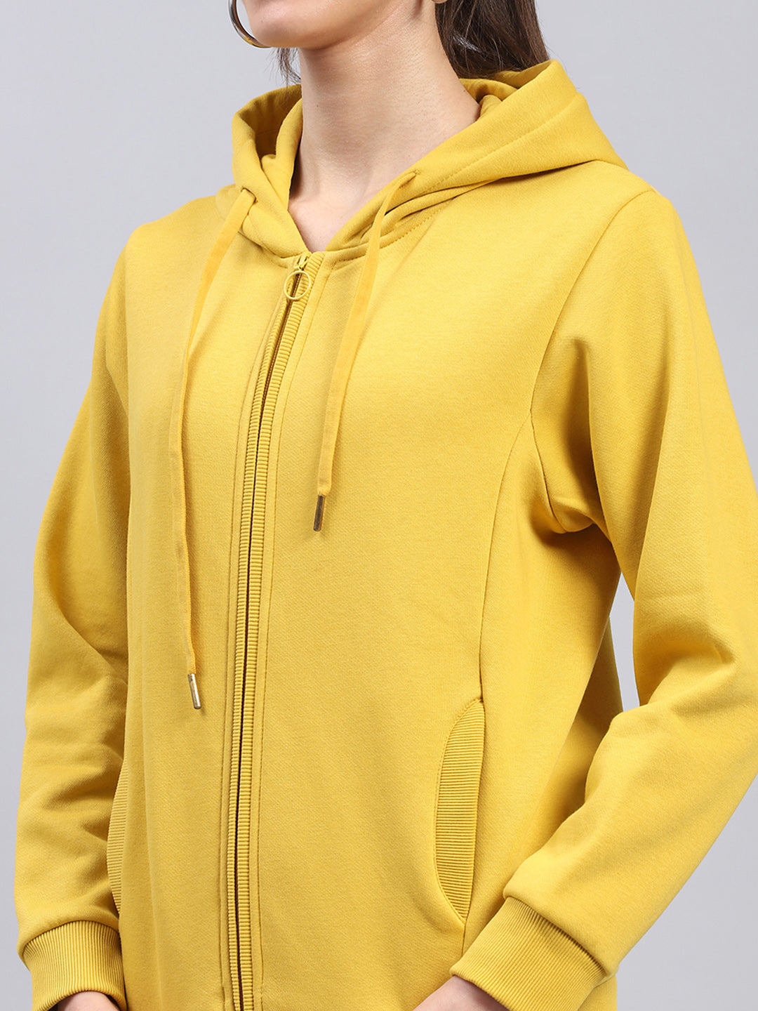 Women Yellow Solid Hooded Full Sleeve Sweatshirt