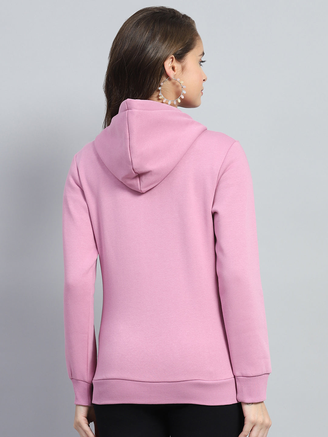 Women Pink Solid Hooded Full Sleeve Sweatshirt