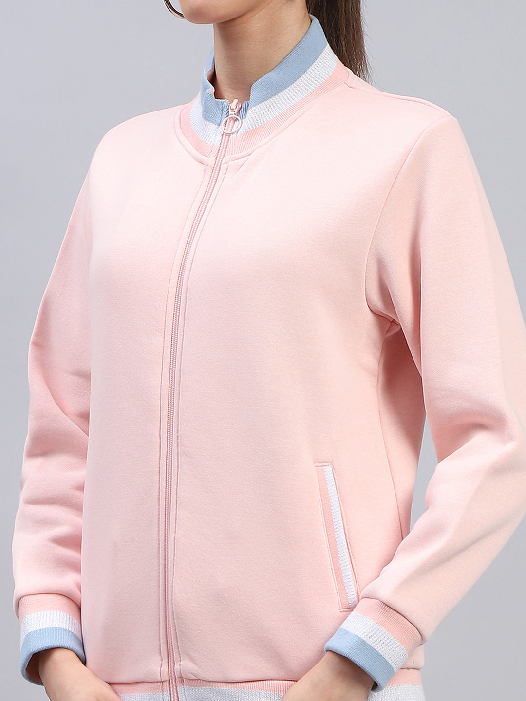 Women Pink Solid Mock Neck Full Sleeve Sweatshirt