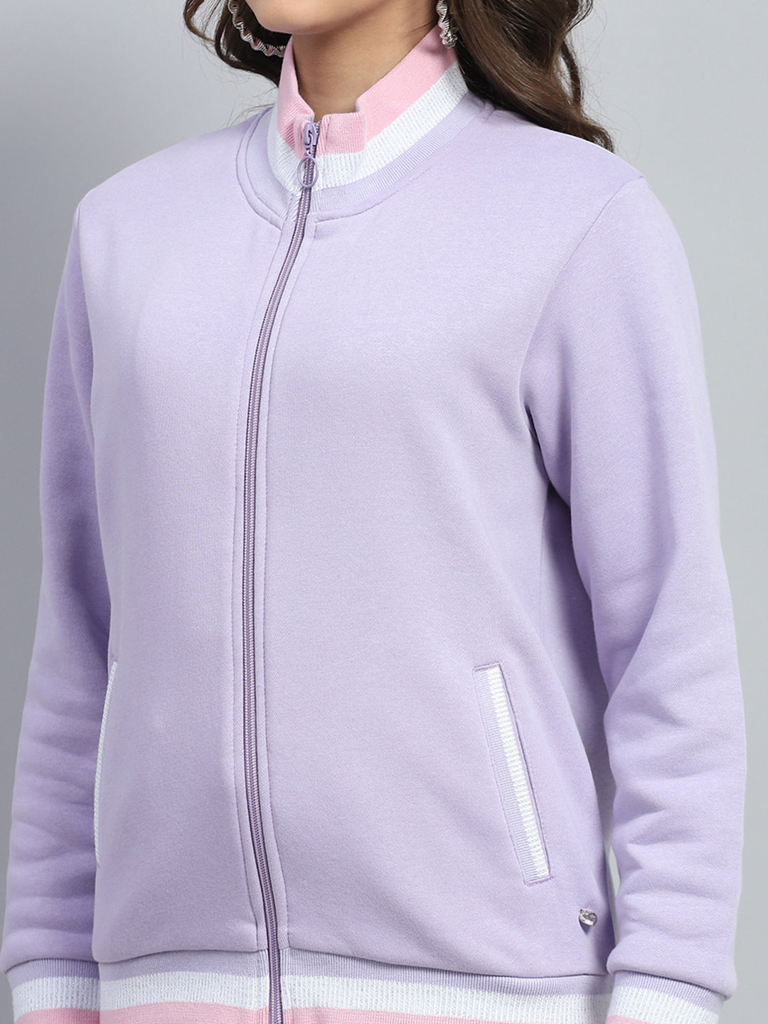 Women Purple Solid Mock Neck Full Sleeve Sweatshirt