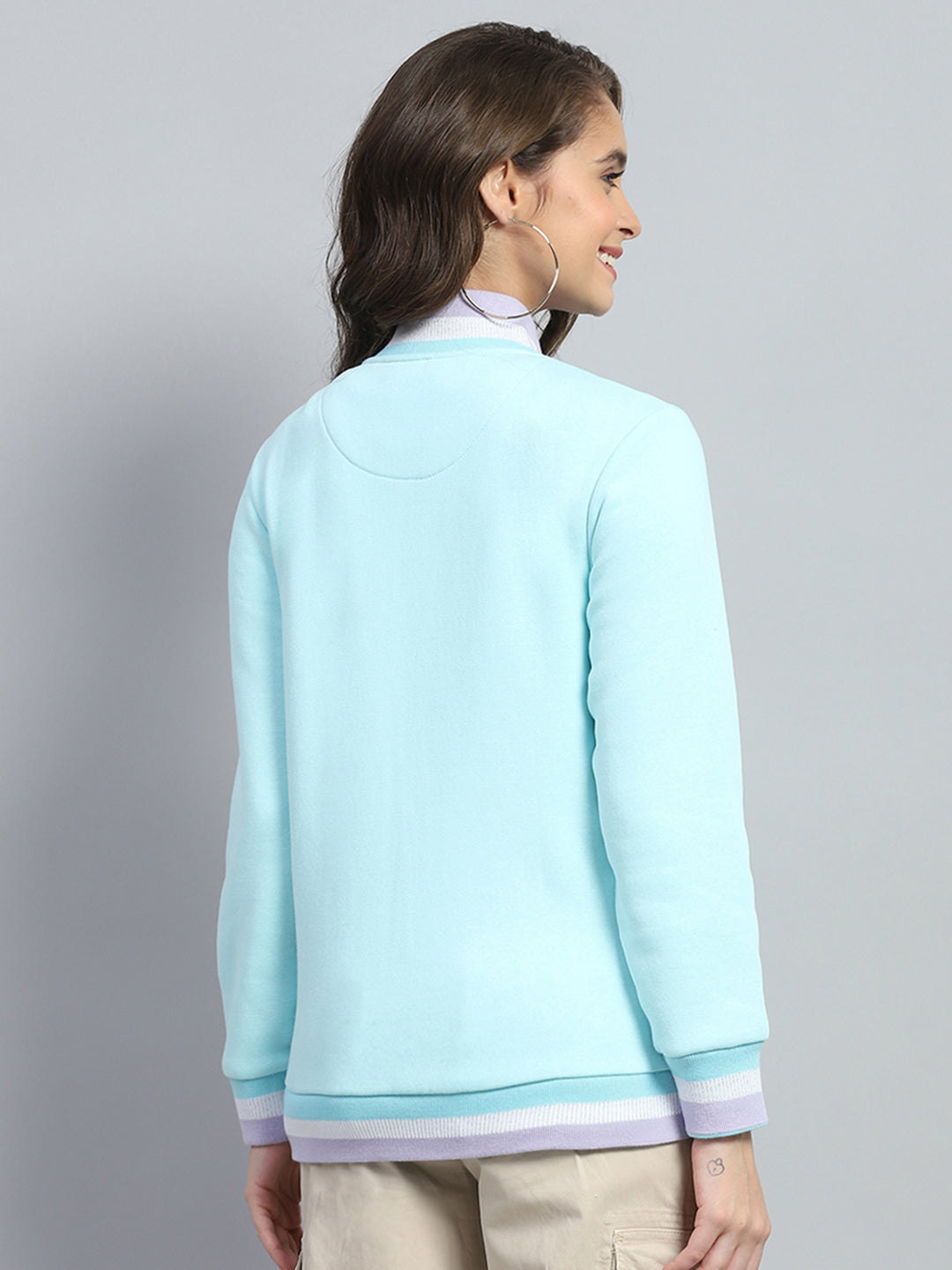 Women Light Blue Solid Mock Neck Full Sleeve Sweatshirt