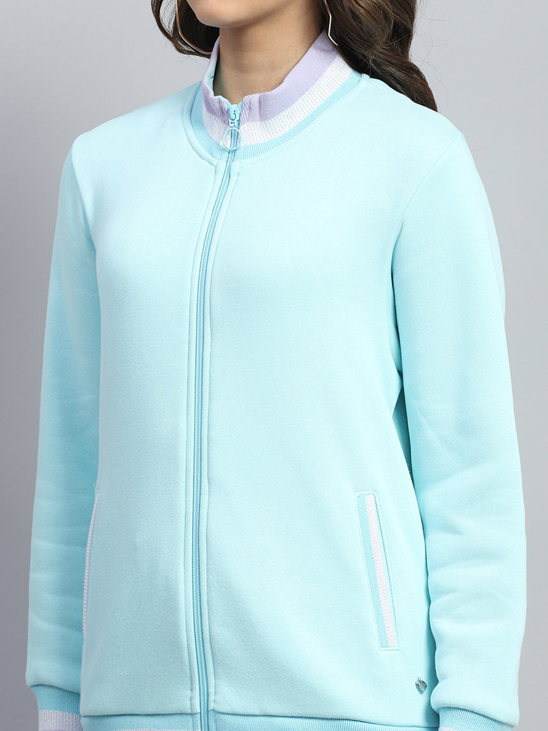 Women Light Blue Solid Mock Neck Full Sleeve Sweatshirt