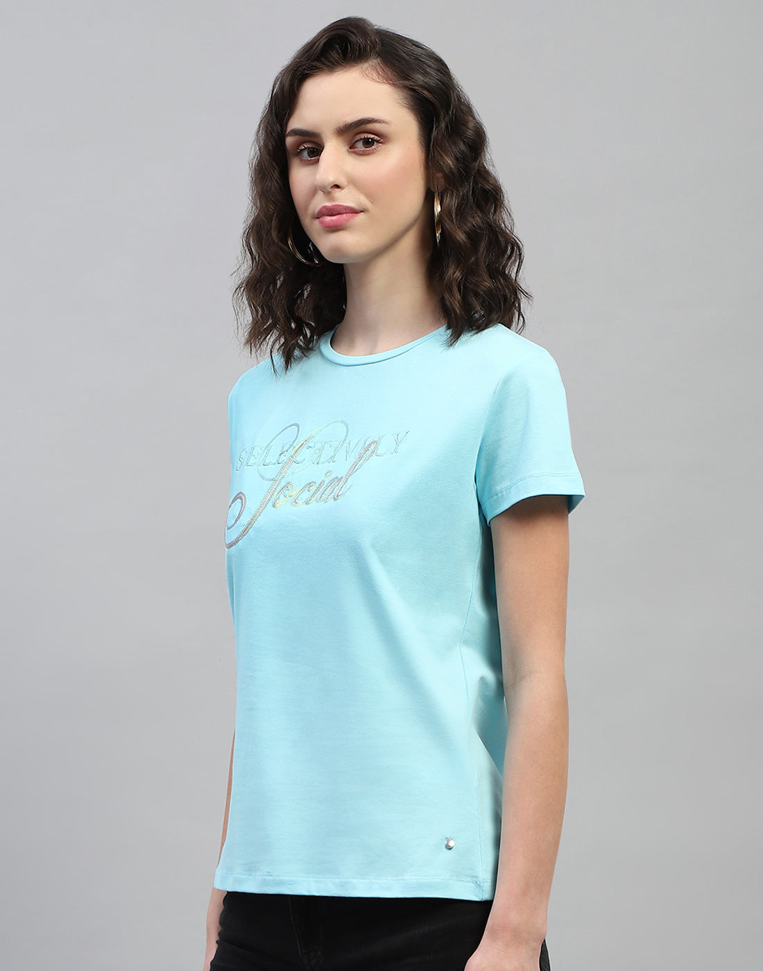 Women Sky Blue Printed Round Neck Half Sleeve Top