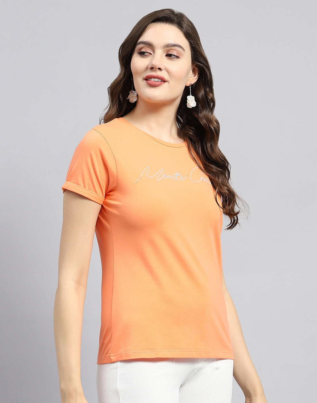 Women Orange Solid Round Neck Half Sleeve Top