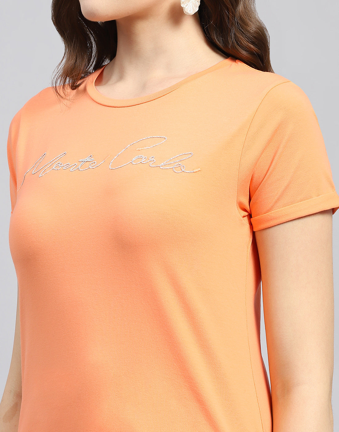 Women Orange Solid Round Neck Half Sleeve Top