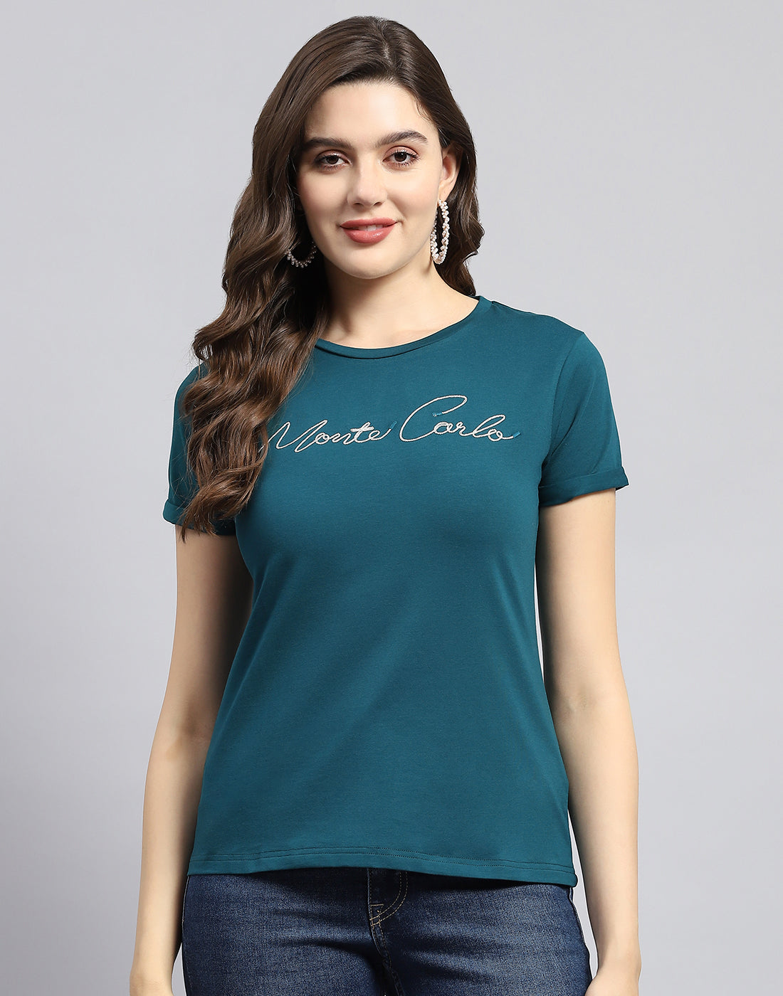 Women Green Solid Round Neck Half Sleeve Top