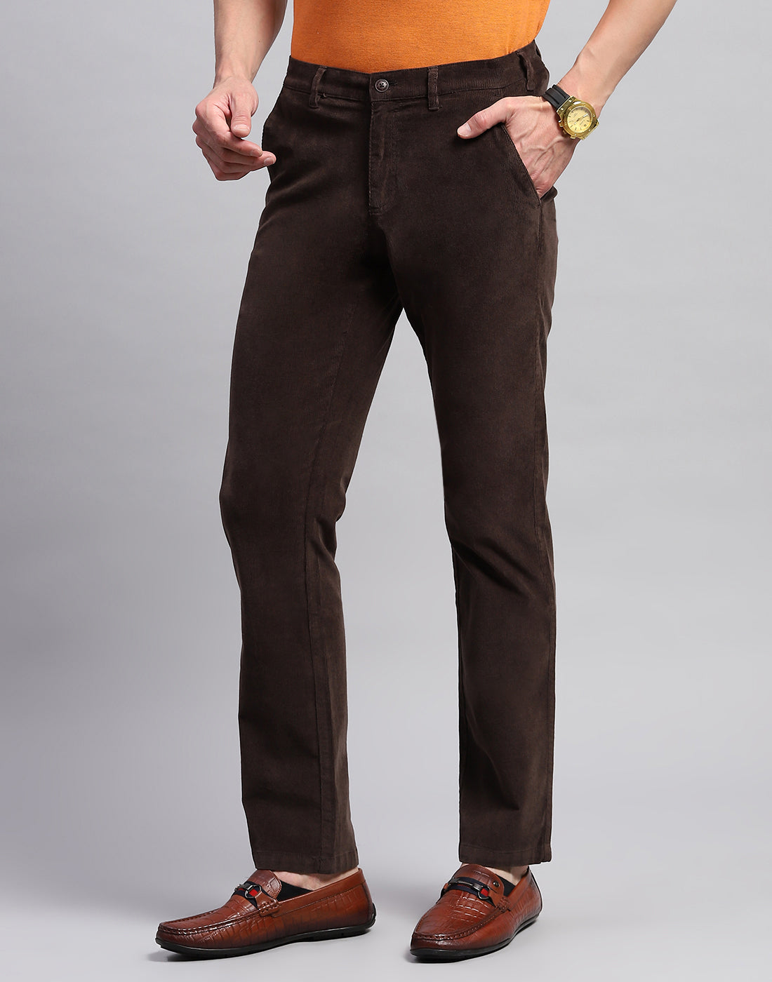 Men Brown Solid Regular Fit Trouser