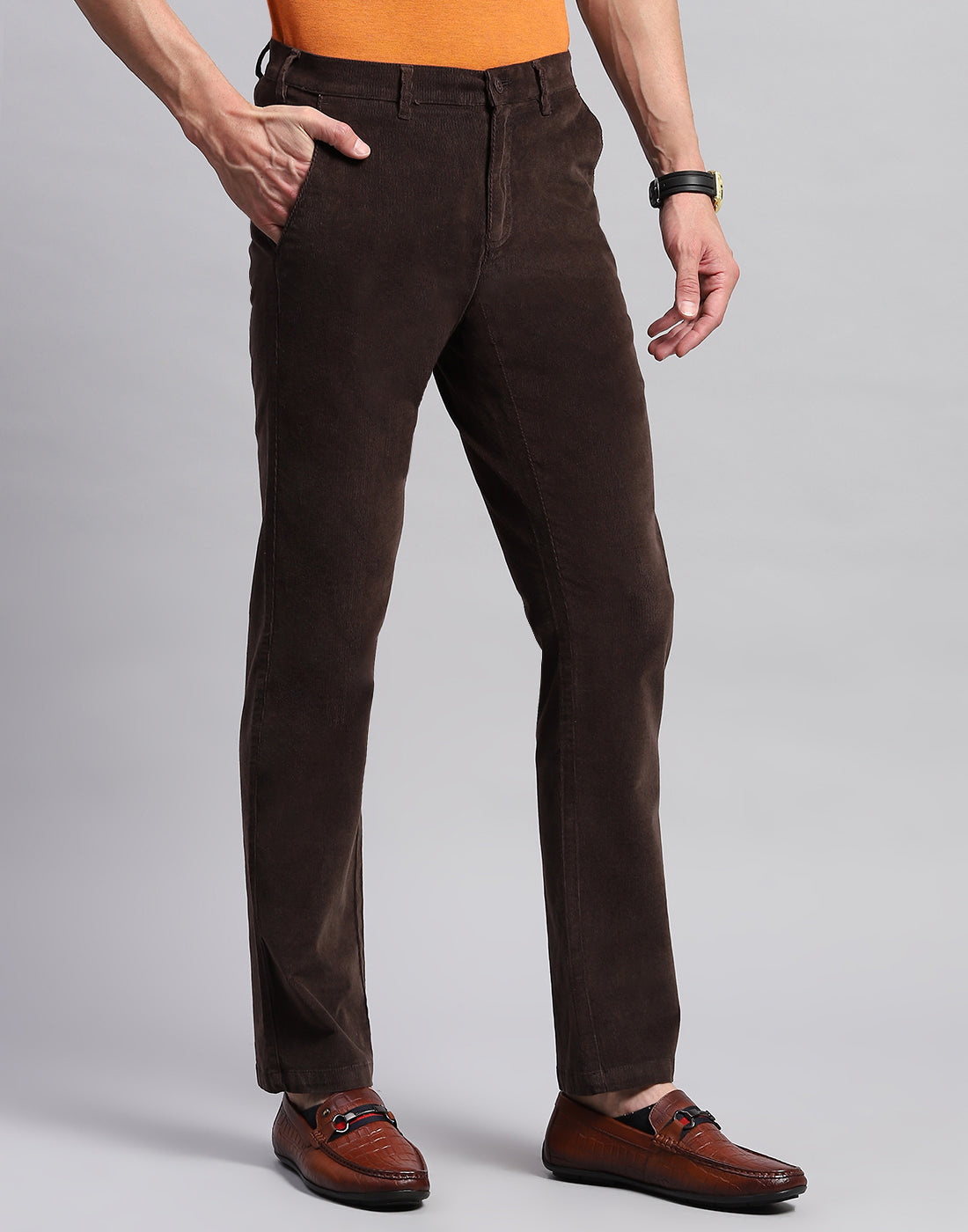 Men Brown Solid Regular Fit Trouser