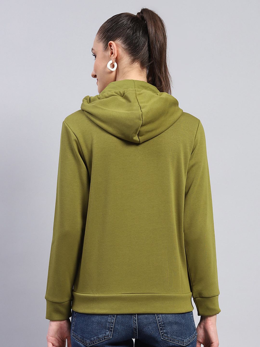 Women Green Solid Hooded Full Sleeve Sweatshirt