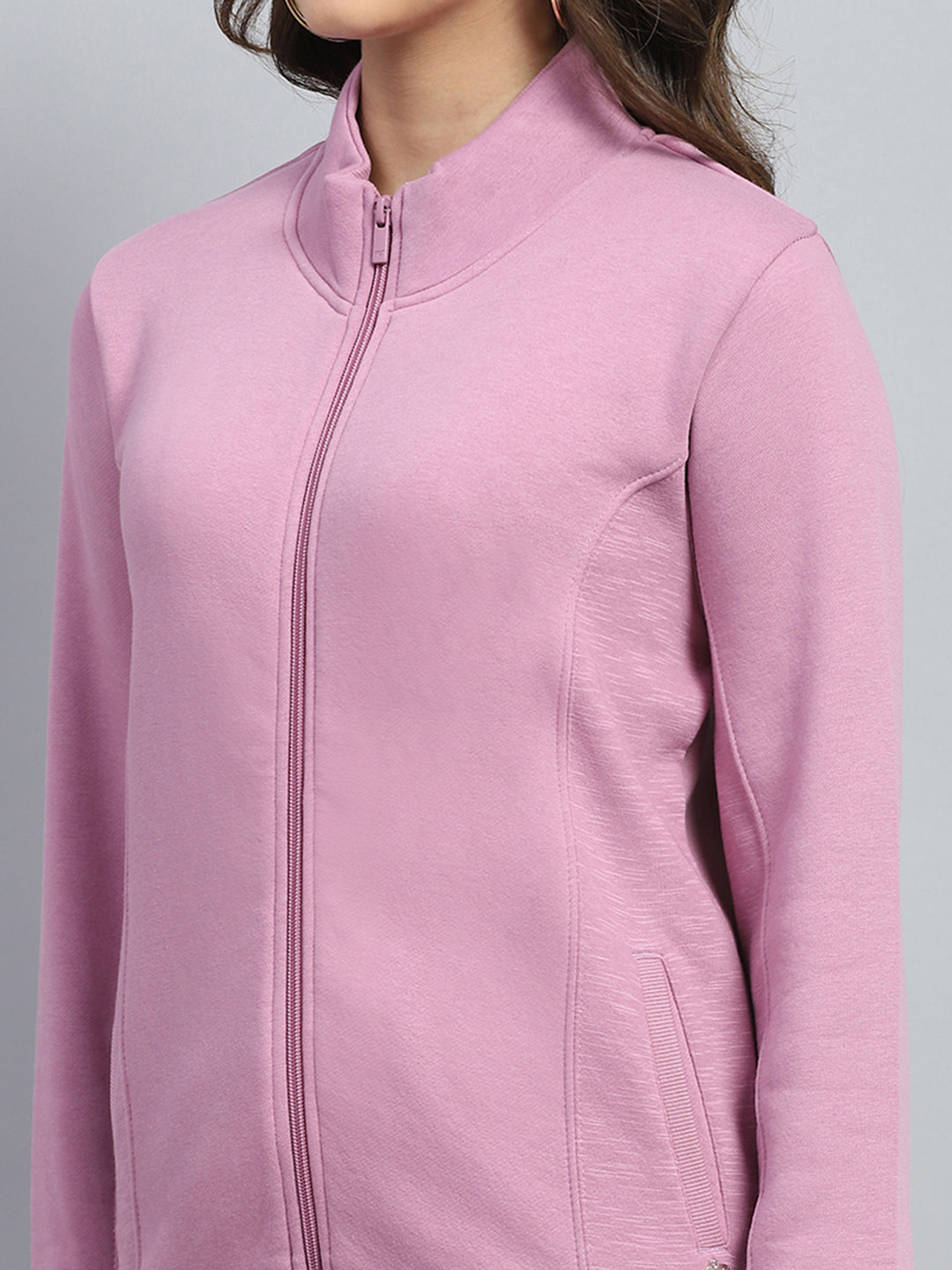 Women Pink Solid Mock Neck Full Sleeve Sweatshirt