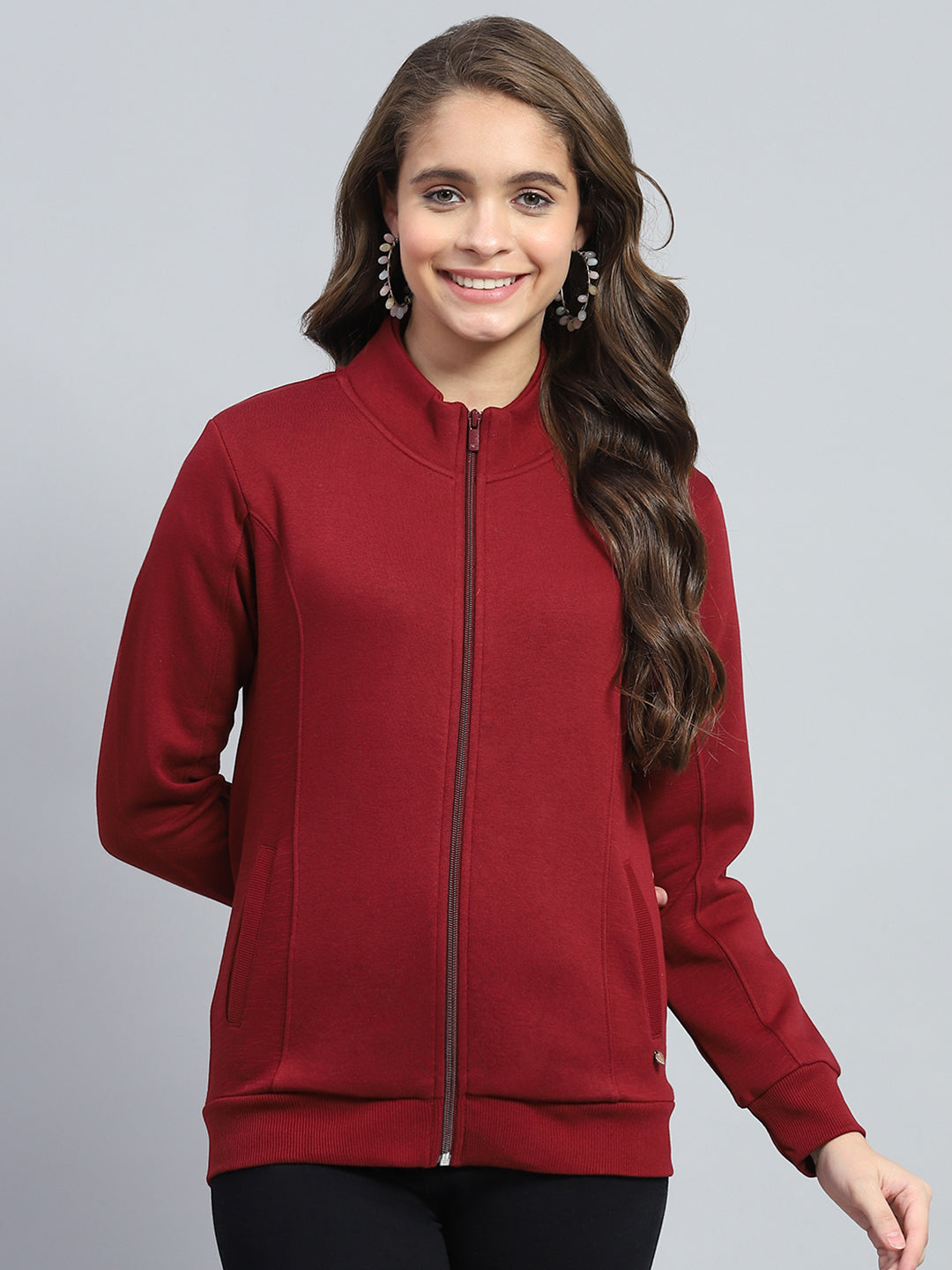 Women Maroon Solid Mock Neck Full Sleeve Sweatshirt