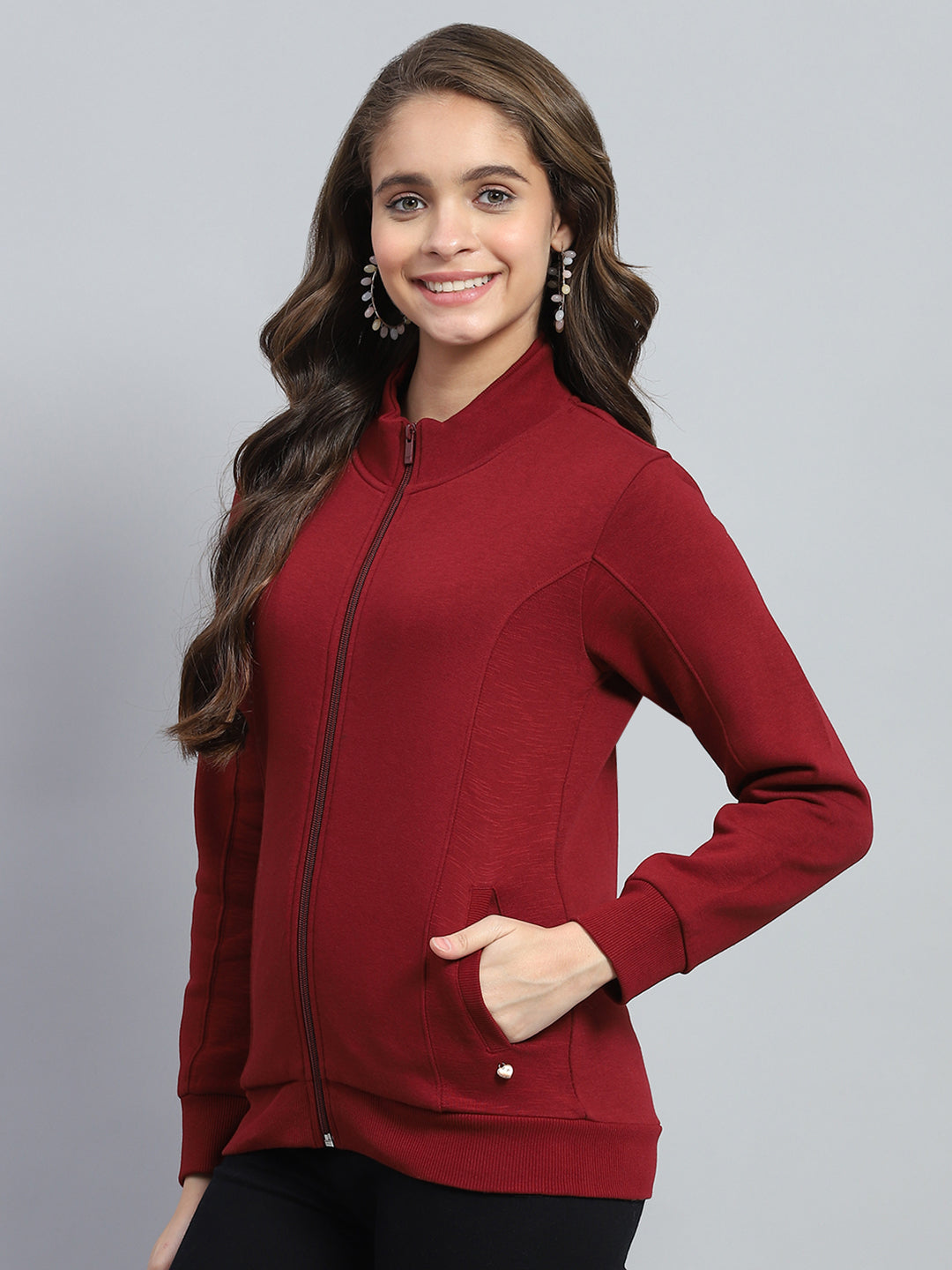 Women Maroon Solid Mock Neck Full Sleeve Sweatshirt