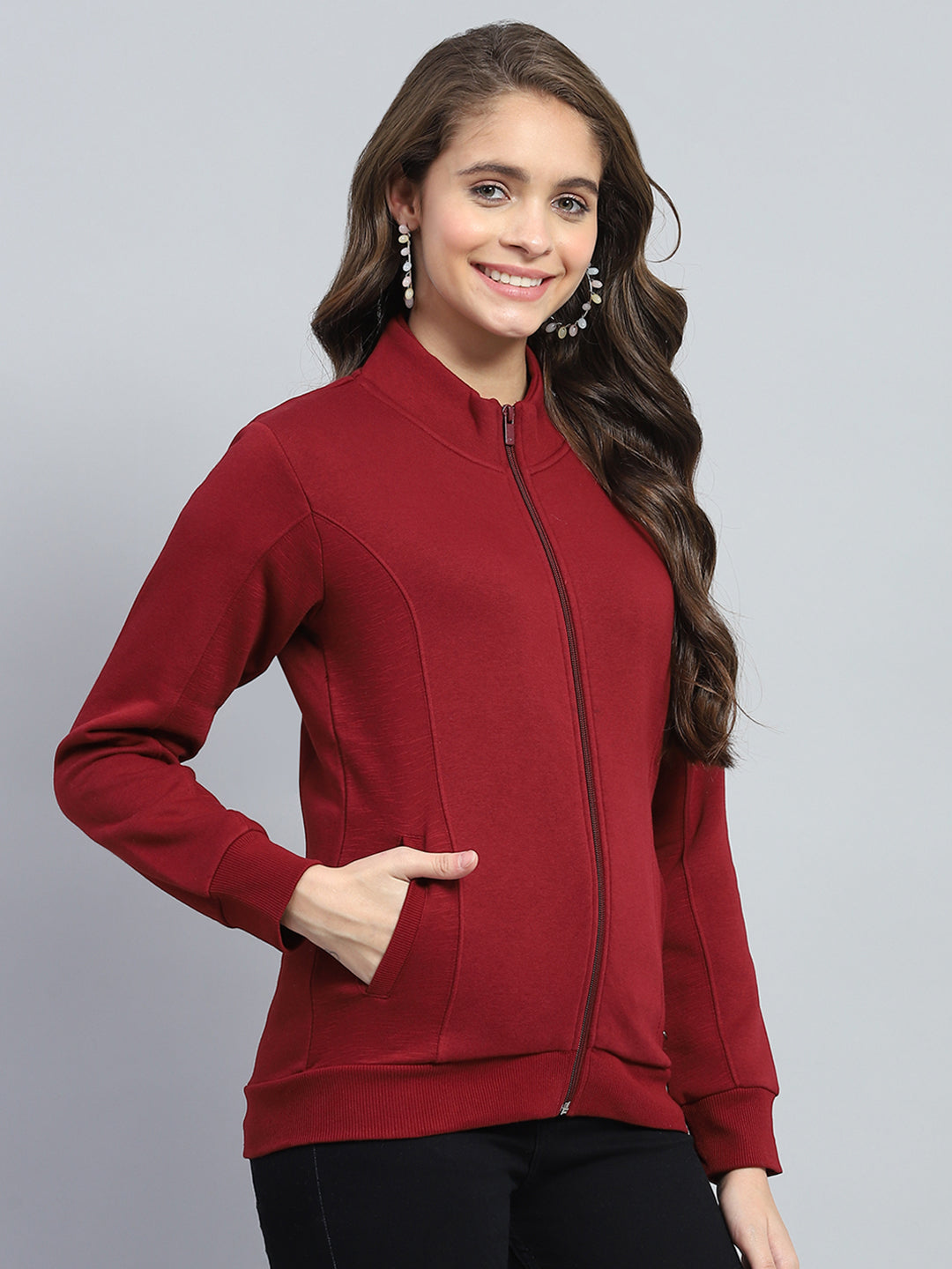 Women Maroon Solid Mock Neck Full Sleeve Sweatshirt