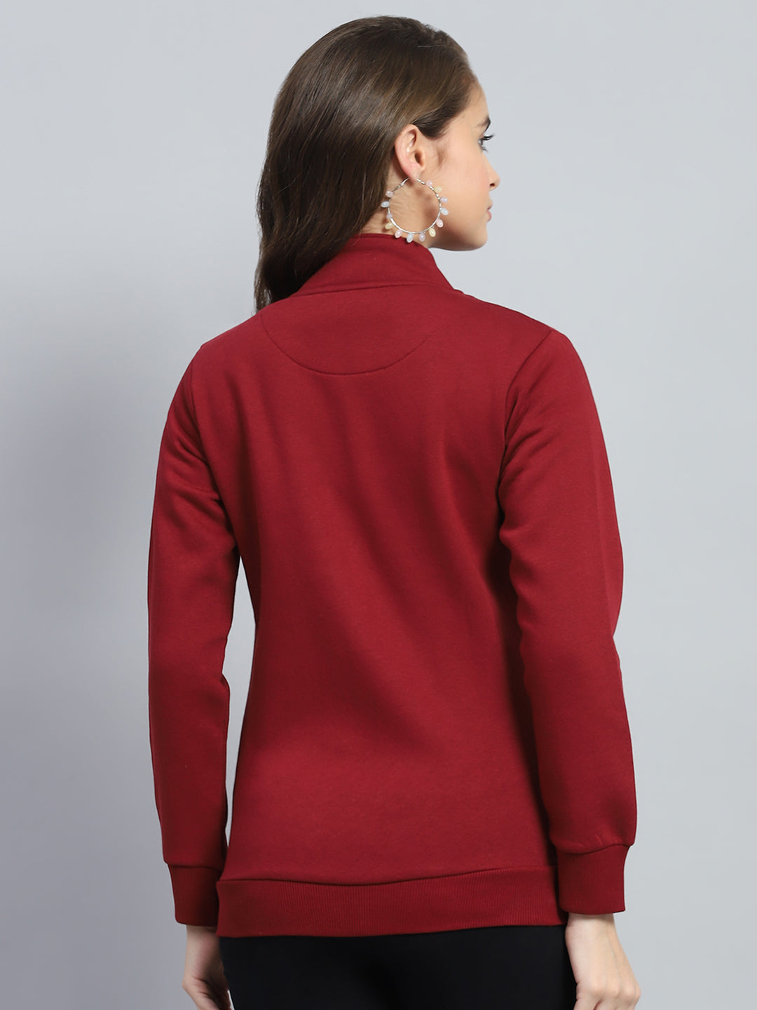 Women Maroon Solid Mock Neck Full Sleeve Sweatshirt