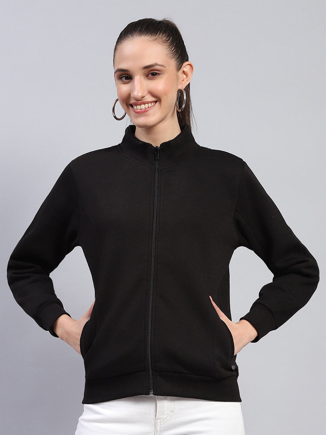 Women Black Solid Mock Neck Full Sleeve Sweatshirt