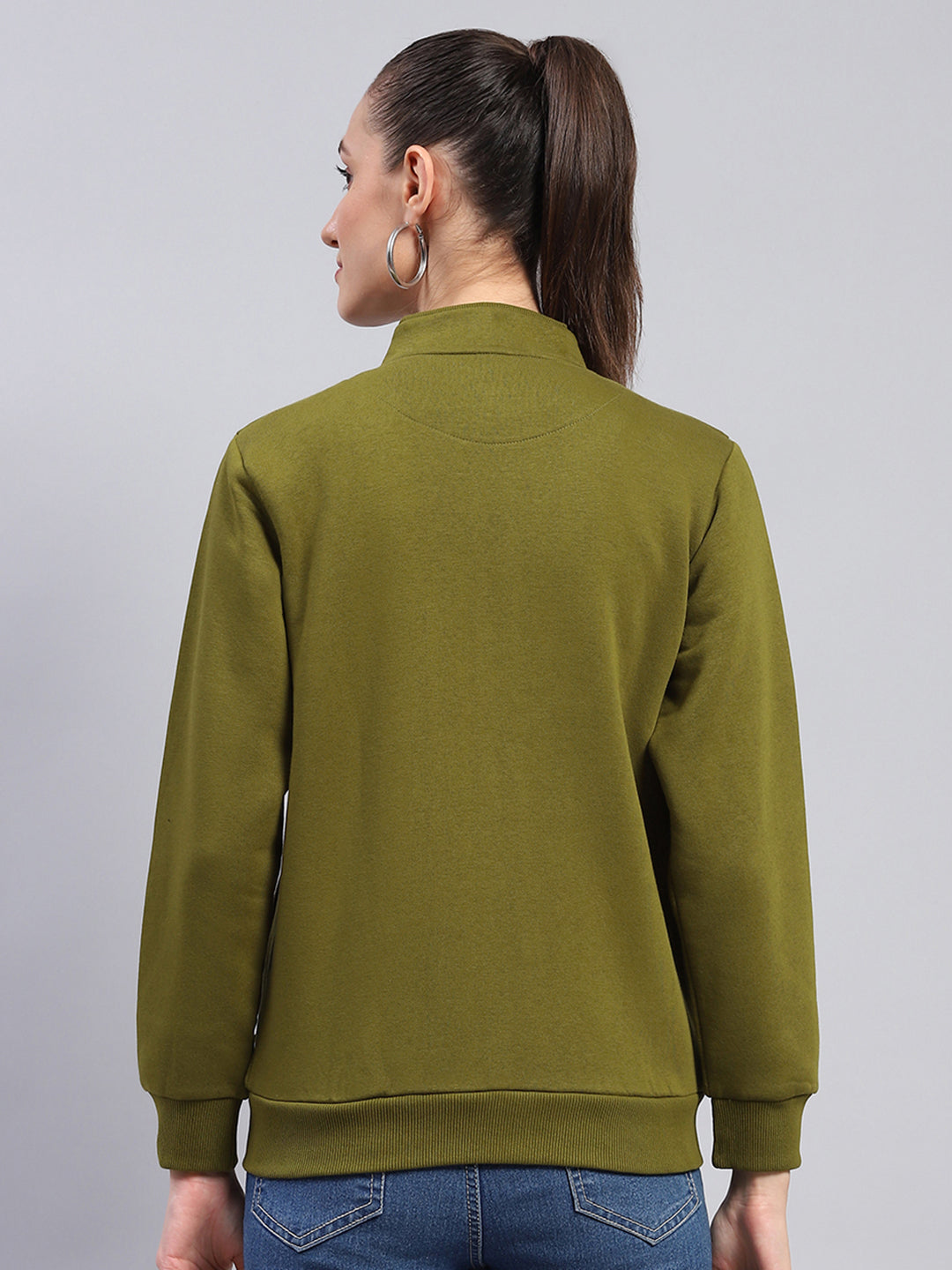 Women Green Solid Mock Neck Full Sleeve Sweatshirt