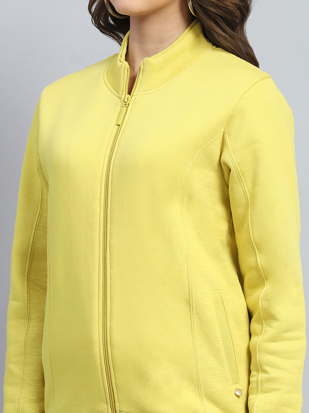 Women Yellow Solid Mock Neck Full Sleeve Sweatshirt