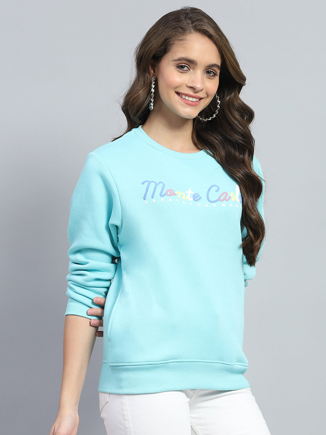 Women Blue Printed Round Neck Full Sleeve Sweatshirt