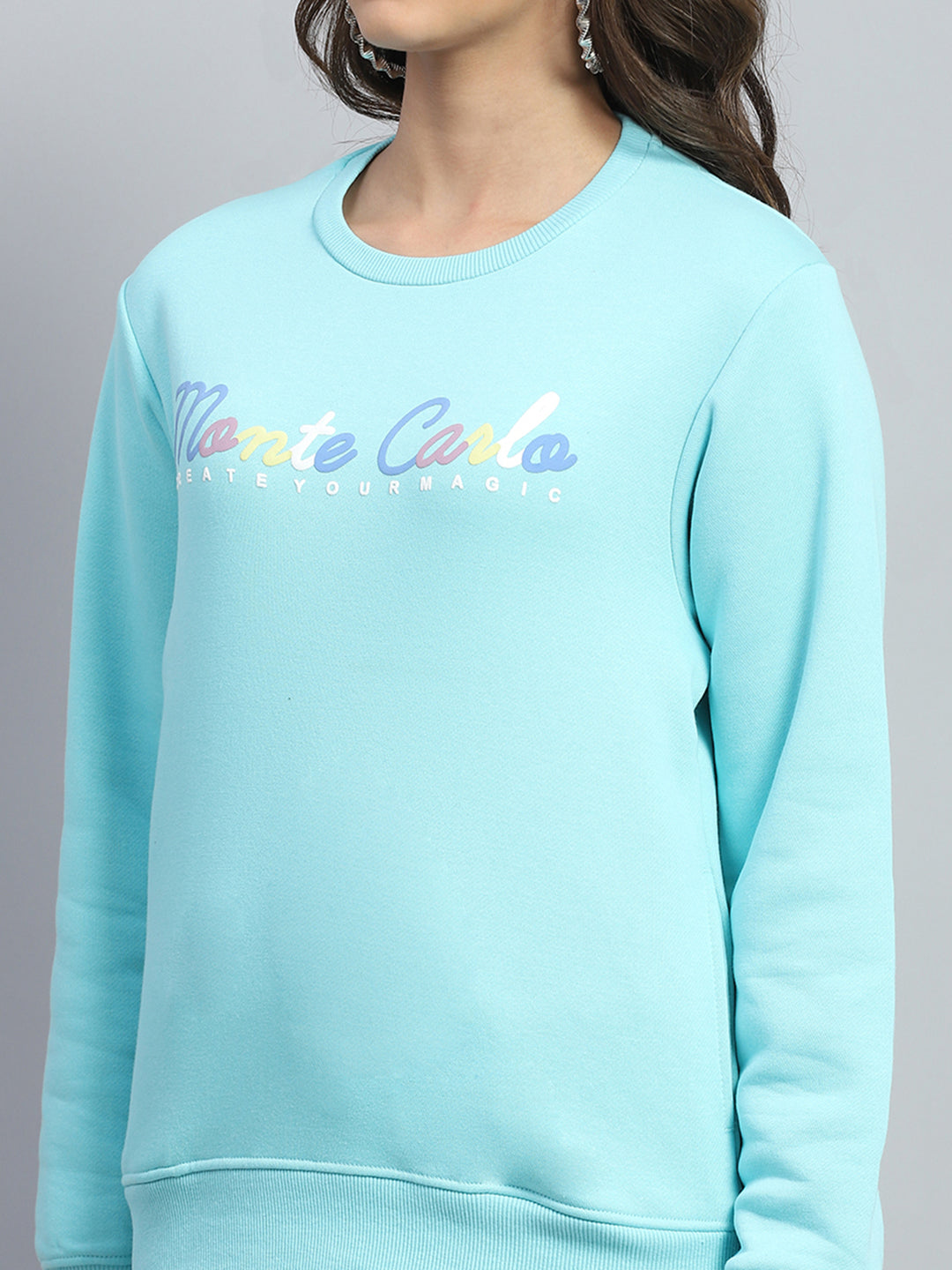 Women Blue Printed Round Neck Full Sleeve Sweatshirt