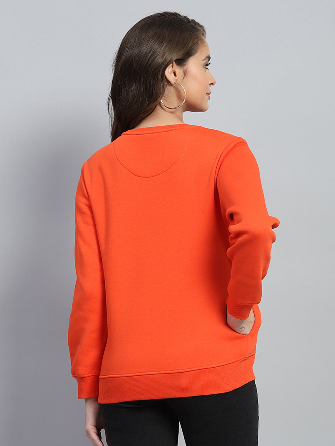 Women Orange Printed Round Neck Full Sleeve Sweatshirt