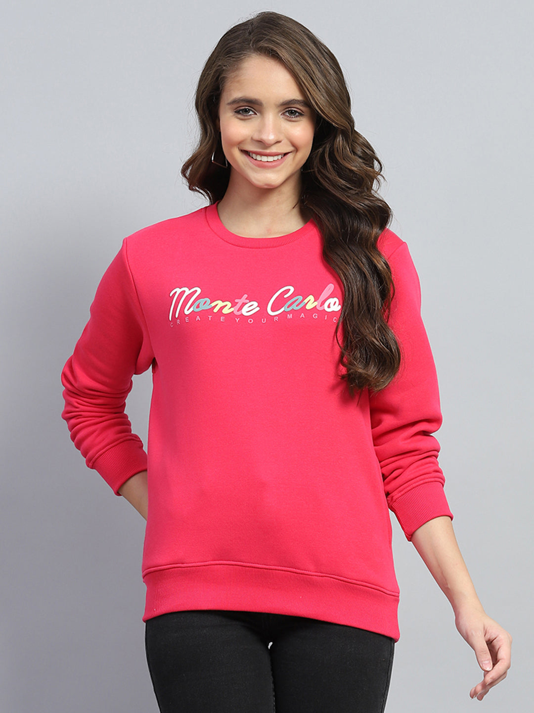 Women Red Printed Round Neck Full Sleeve Sweatshirt