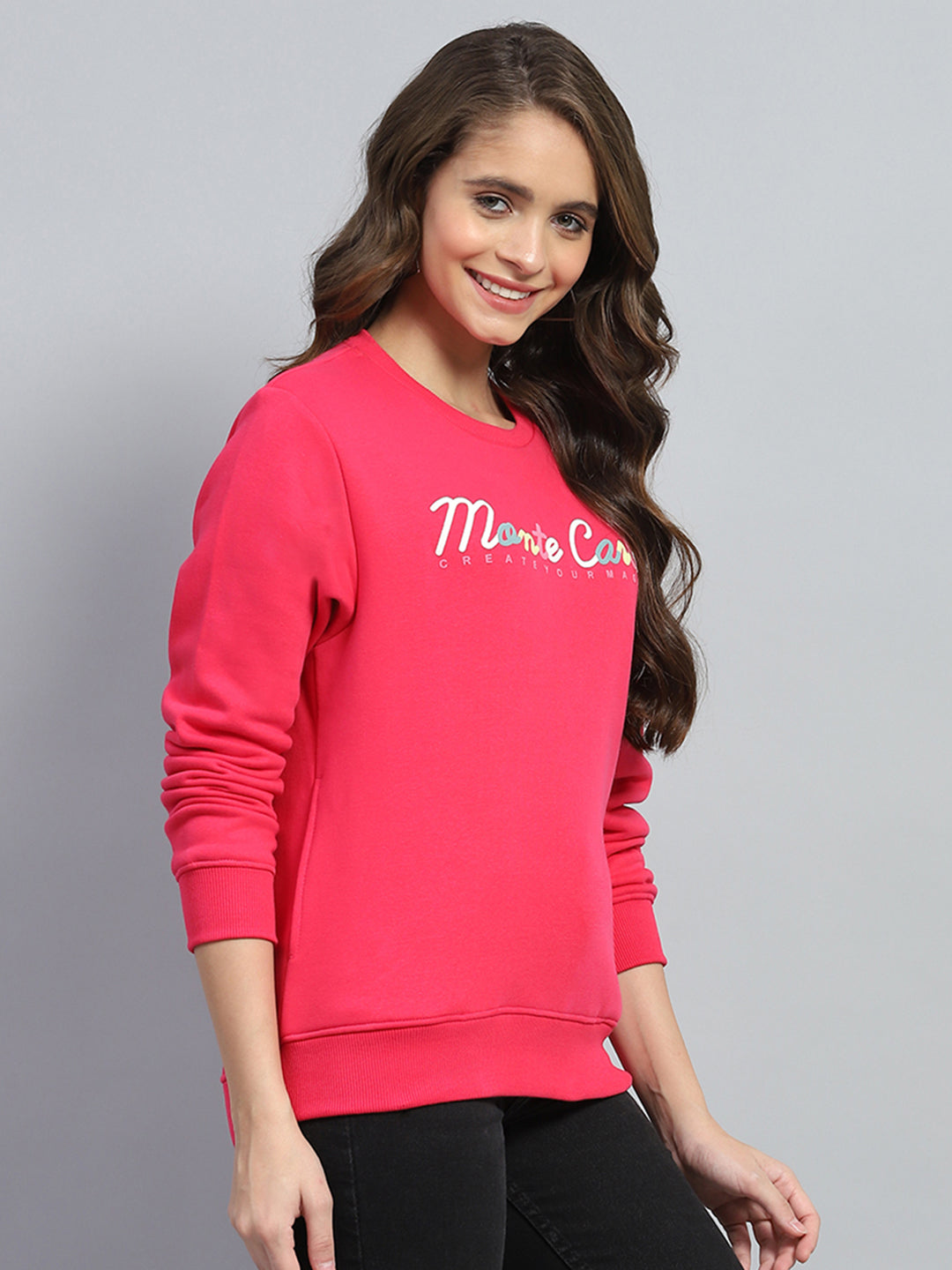 Women Red Printed Round Neck Full Sleeve Sweatshirt