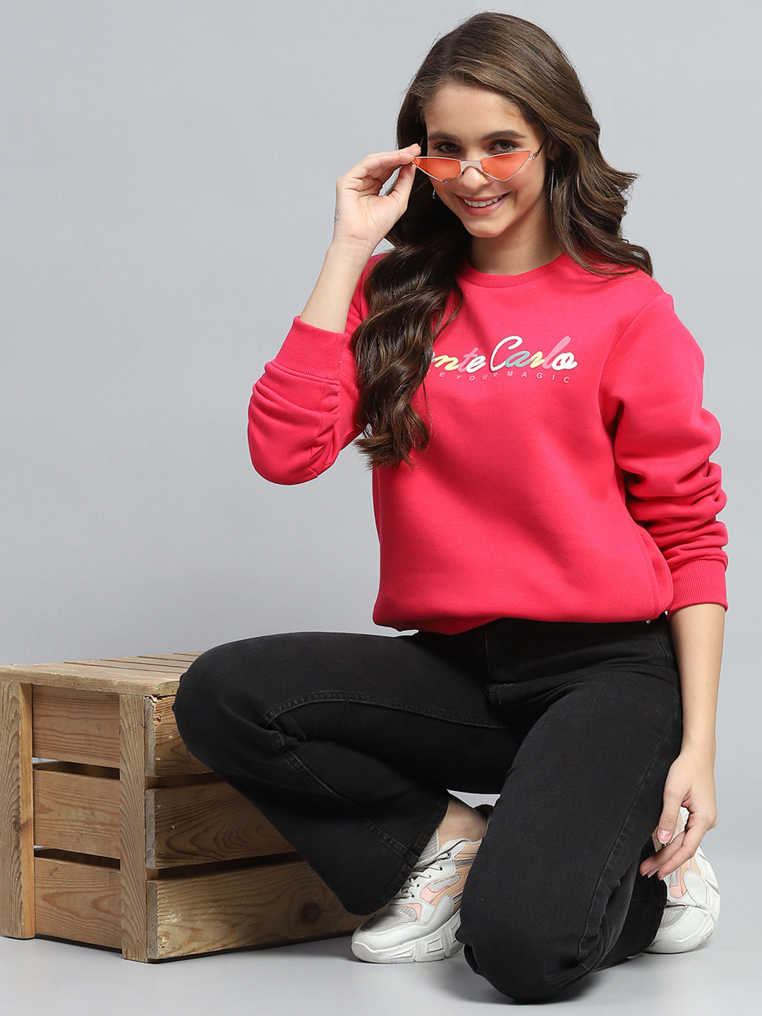 Women Red Printed Round Neck Full Sleeve Sweatshirt