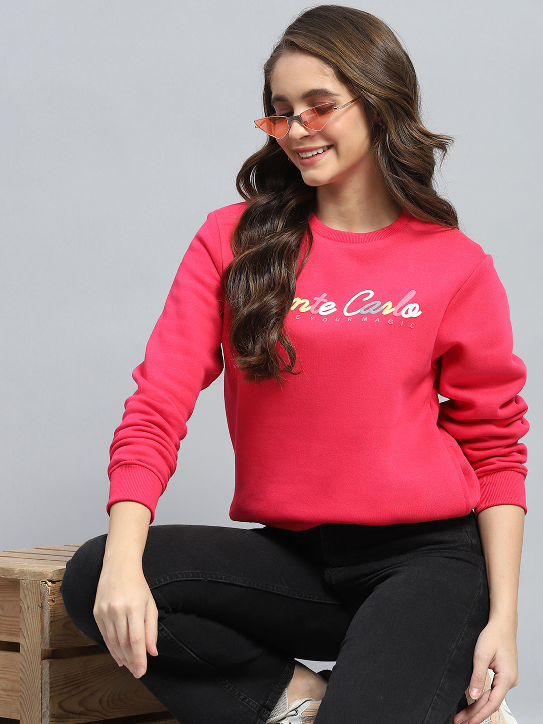 Women Red Printed Round Neck Full Sleeve Sweatshirt