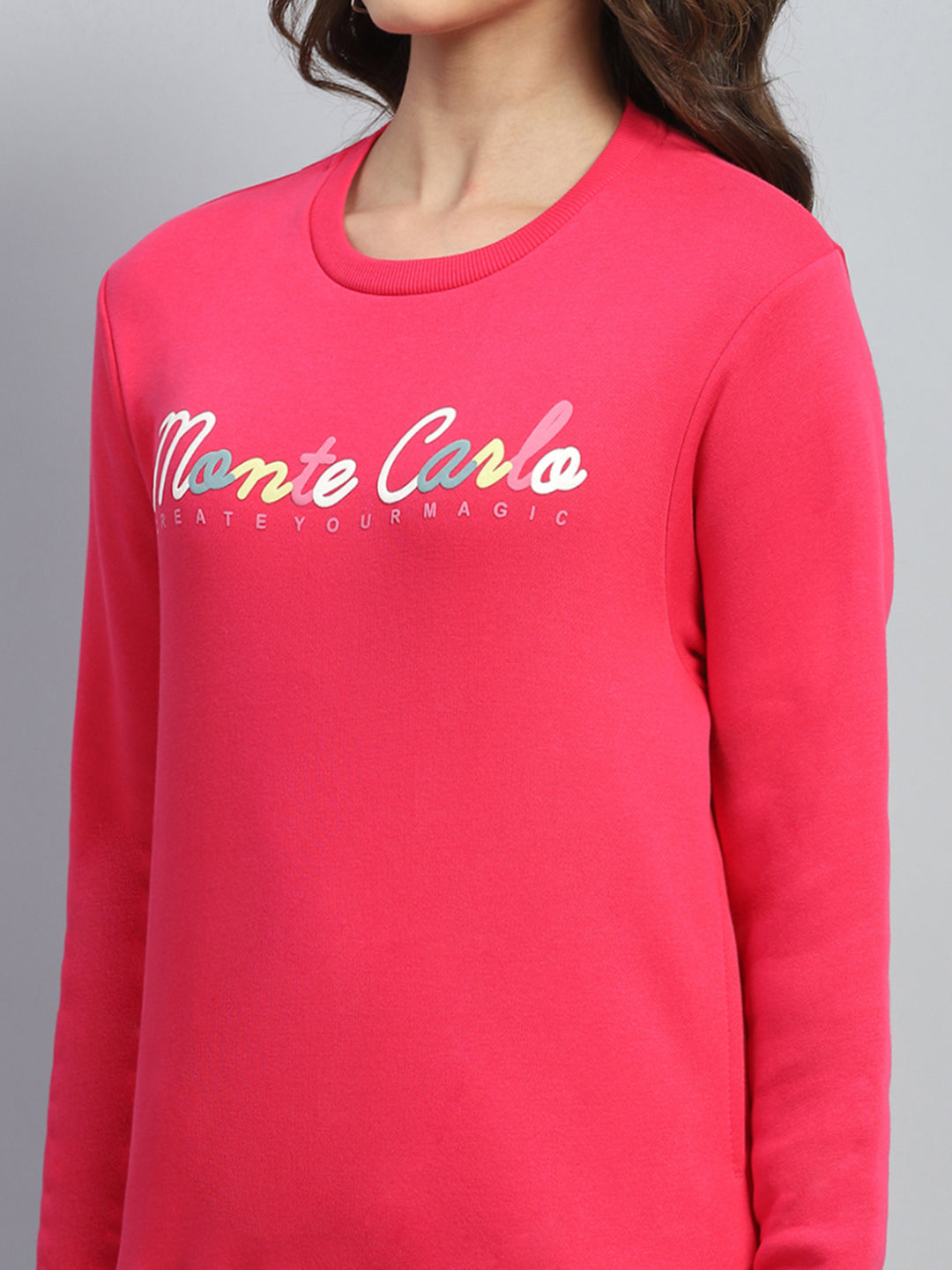 Women Red Printed Round Neck Full Sleeve Sweatshirt