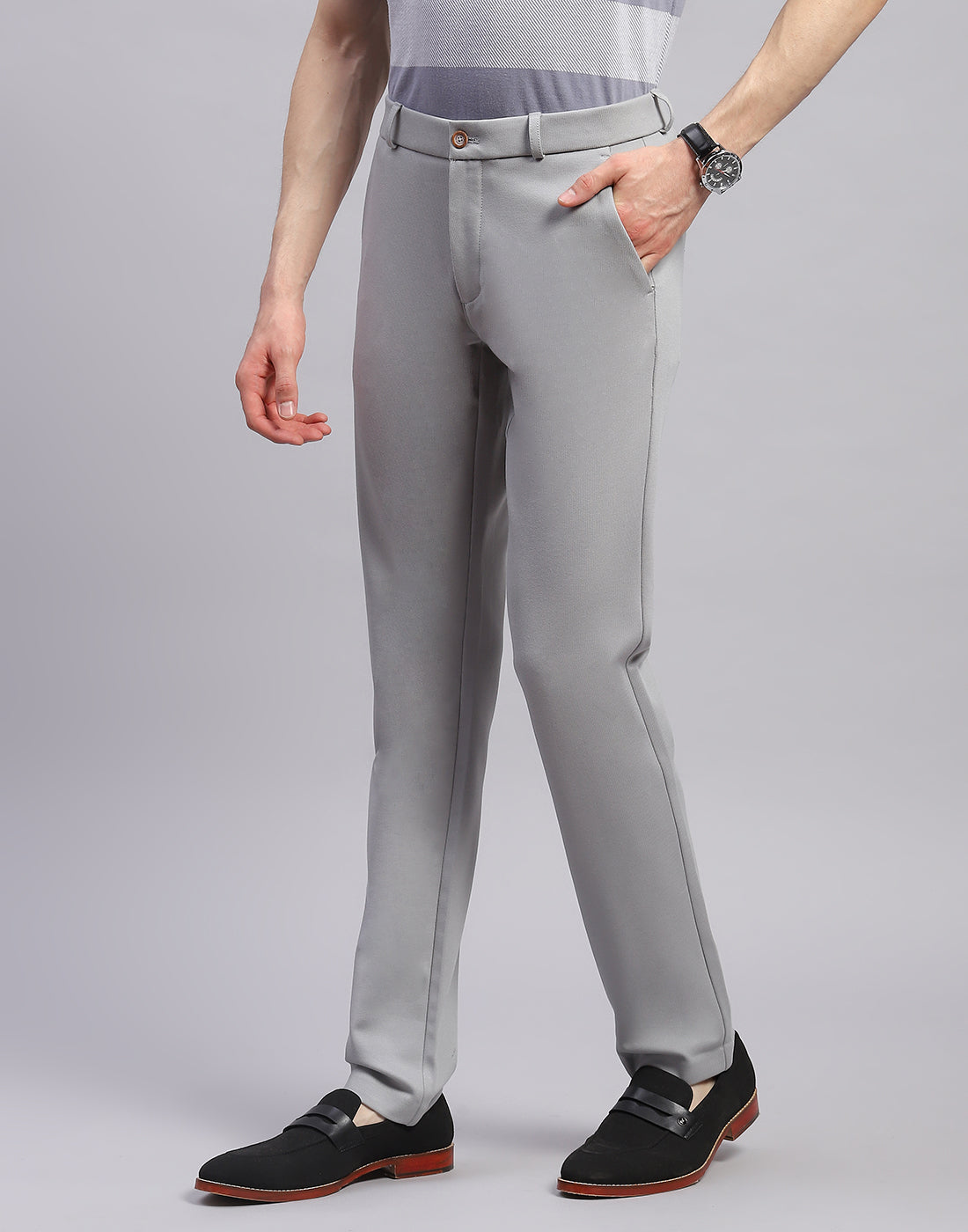 Men Grey Solid Regular Fit Trouser