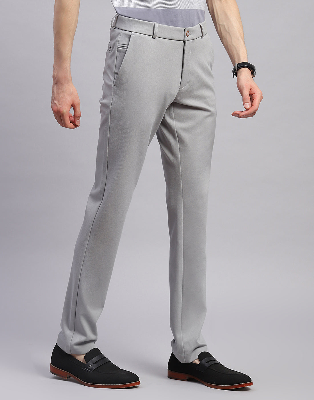 Men Grey Solid Regular Fit Trouser