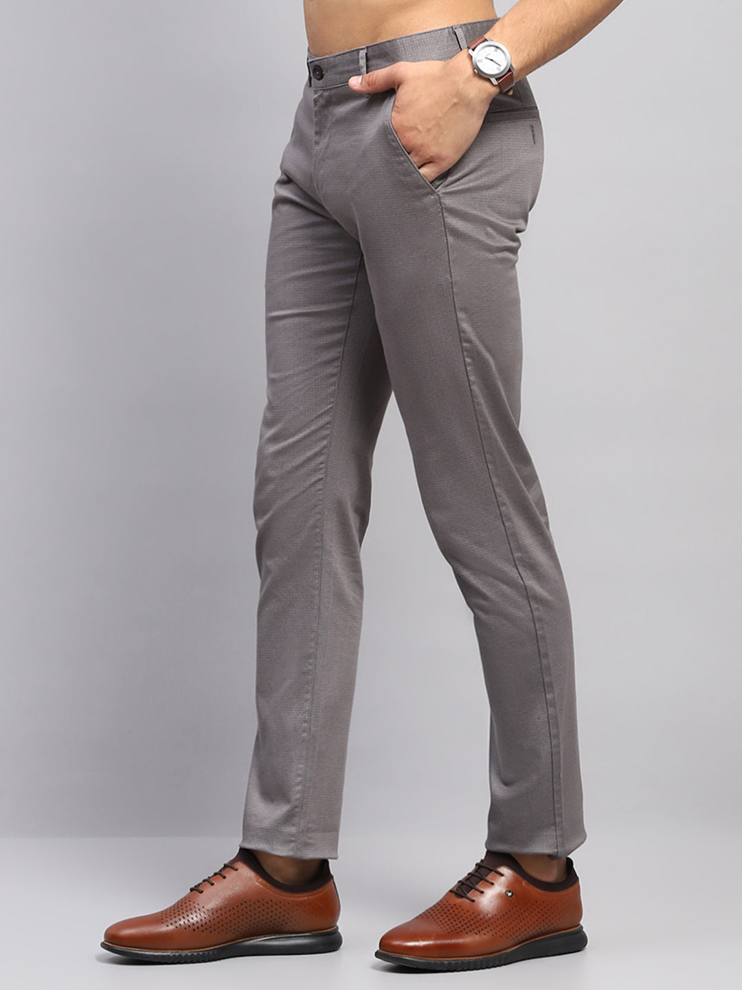 Men Grey Solid Regular Fit Trouser