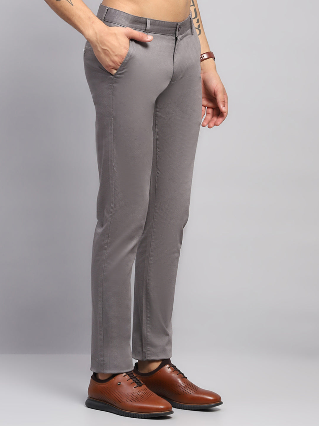 Men Grey Solid Regular Fit Trouser