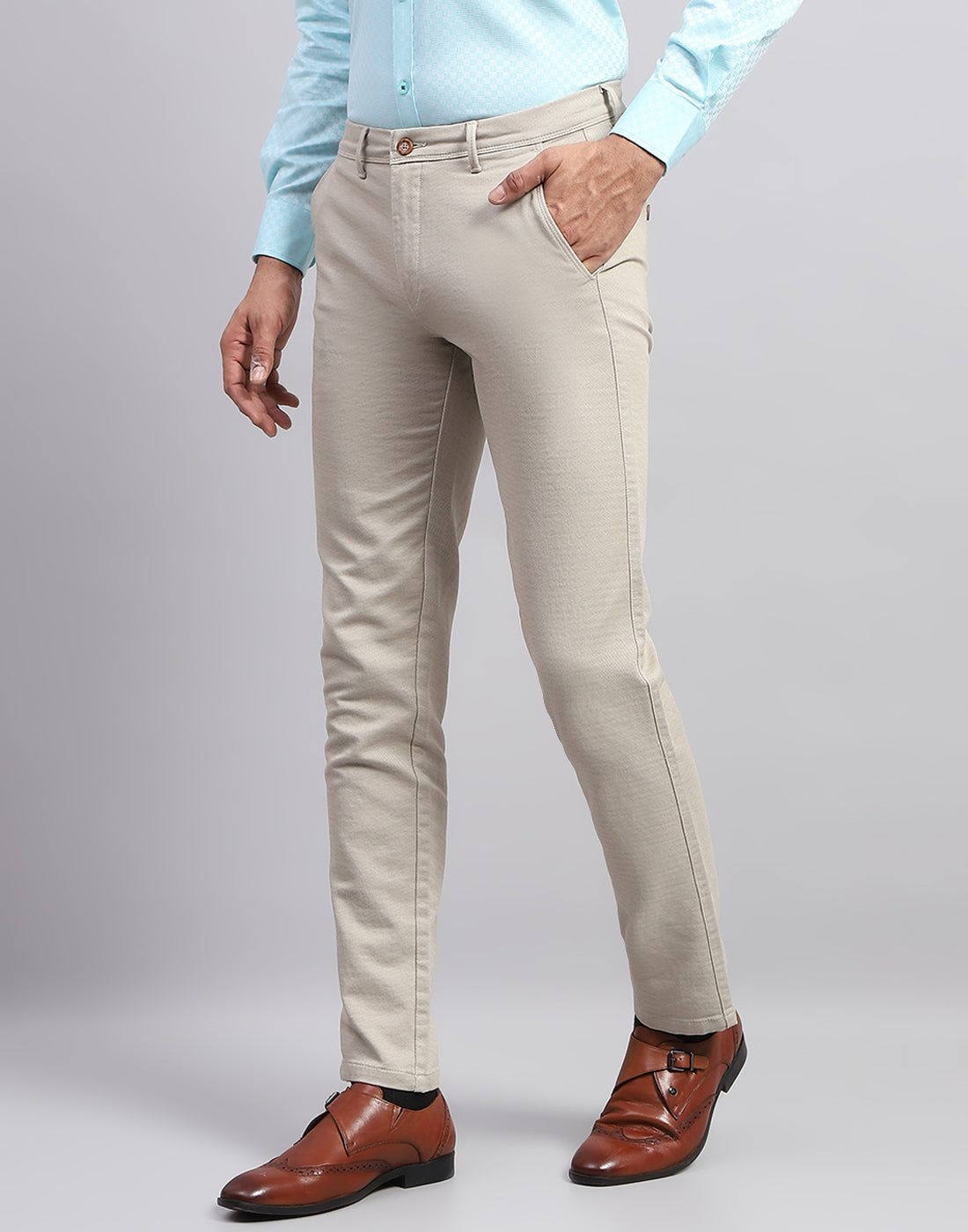 Men Beige Solid Smart Fit Trouser