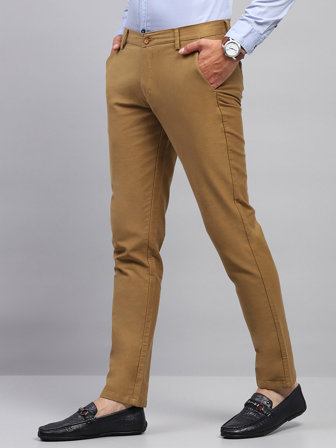 Men Khaki Solid Regular Fit Trouser